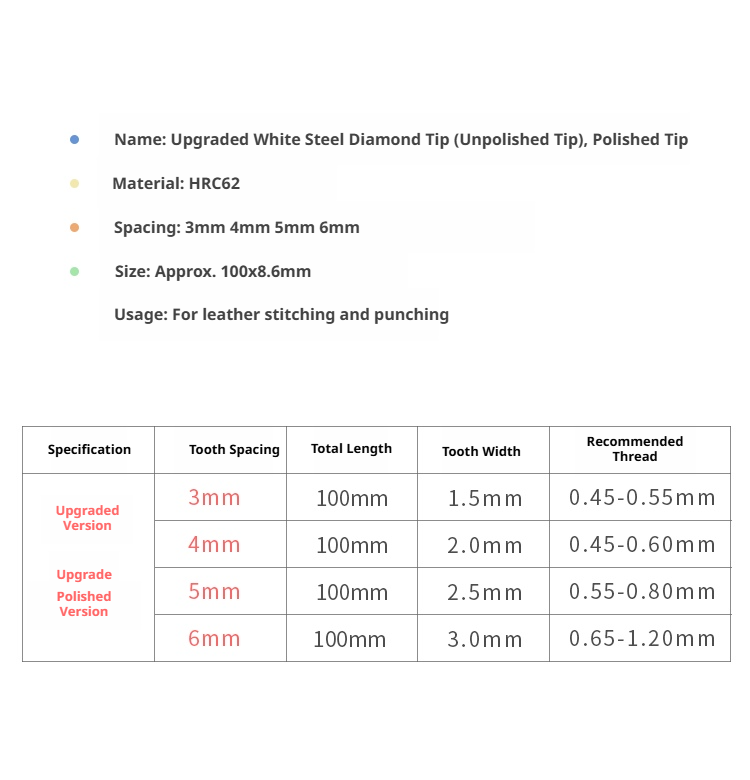 White Steel Diamond Chisel Set – 3/4/5/6mm Spacing, 1/2/4/6 Teeth for Leather Stitching
