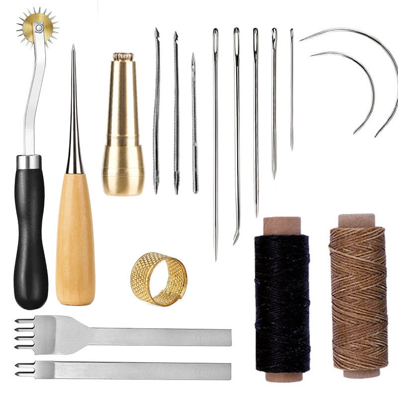 Beginner Leathercraft Tool Set – Hand Sewing Kit with Awls, Needles, Thread & Copper Rings (Airplane Box)