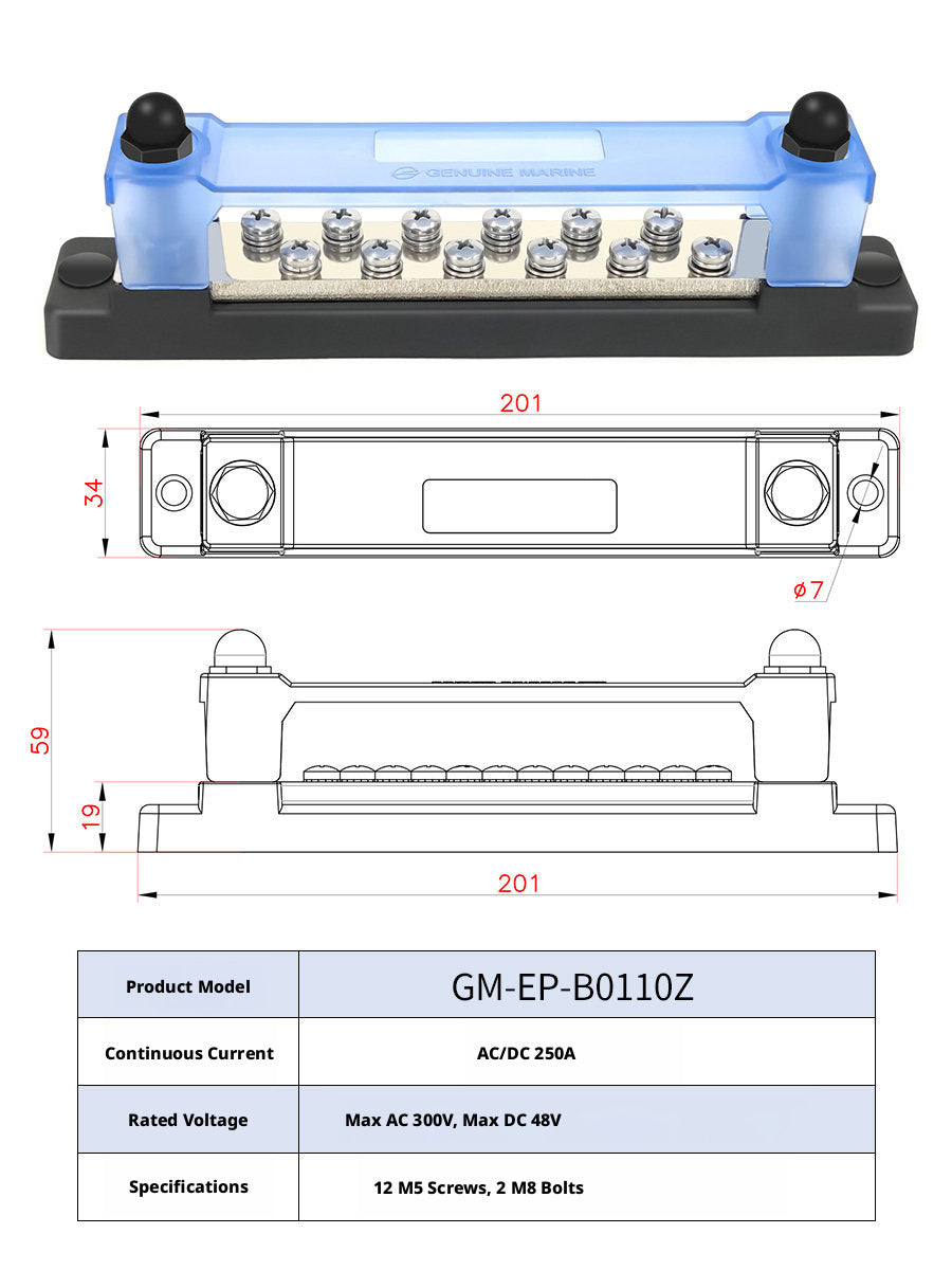 Marine Bus Bar – T2 Copper, 100A–600A DC, 2–20 Position, Single & Double Row, Boat RV Solar