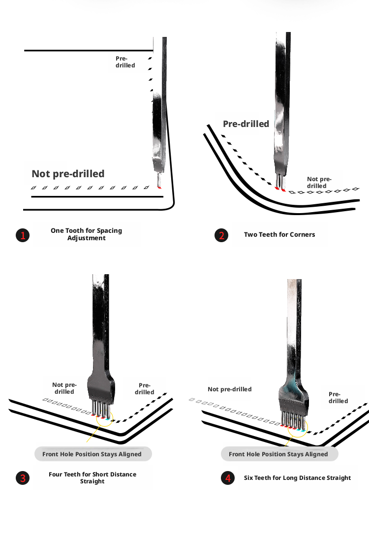 White Steel Diamond Chisel Set – 3/4/5/6mm Spacing, 1/2/4/6 Teeth for Leather Stitching