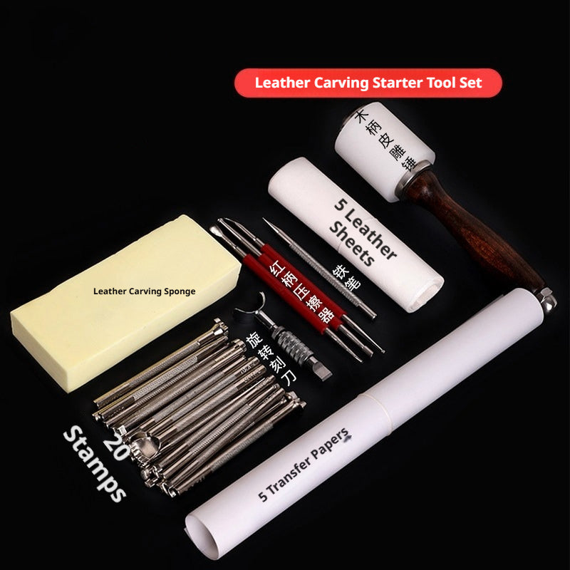 Leather Carving Tool Set – 20 Stamps + Swivel Knife + Hammer + Sponge & Transfer Paper