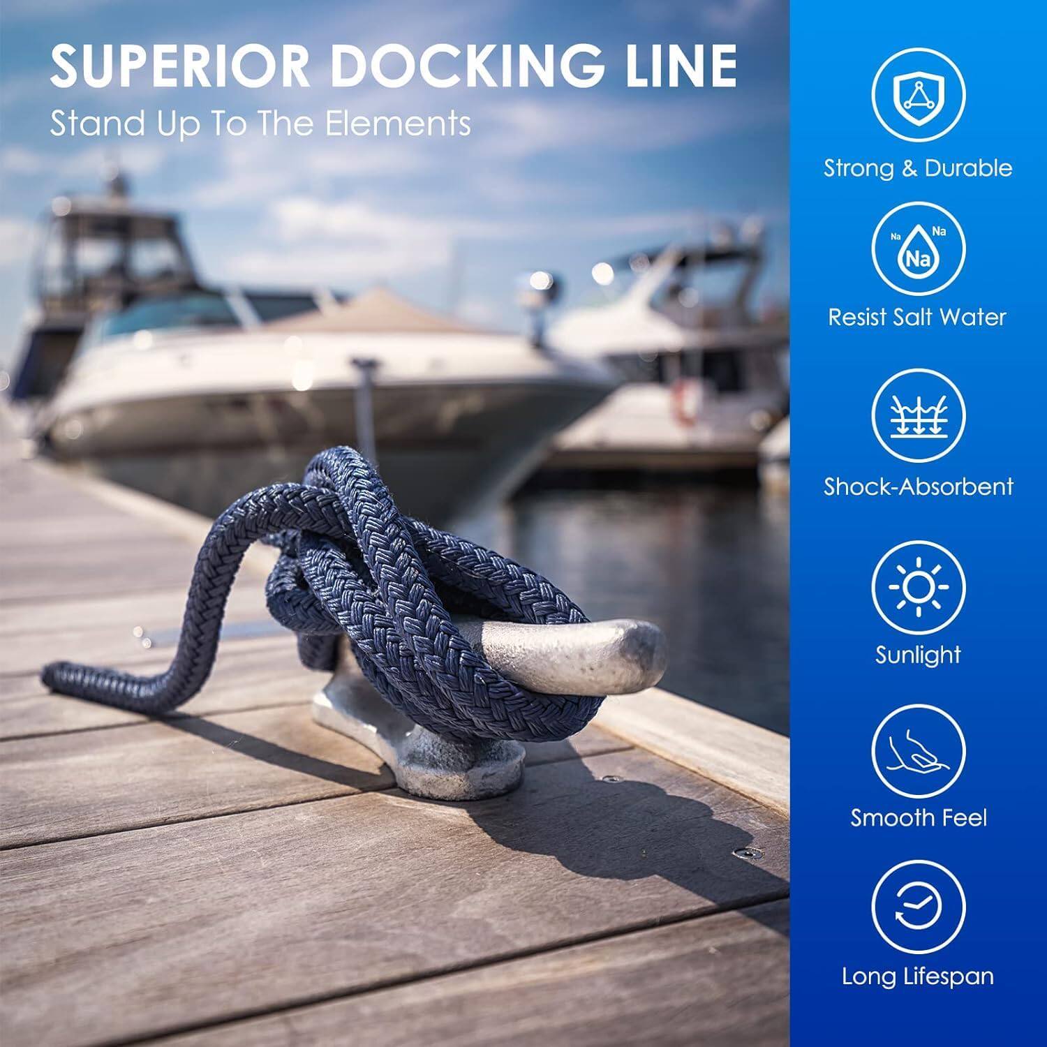 Double Braid Nylon Dock Line — Marine Mooring Rope for Boats, Jet Skis & Kayaks