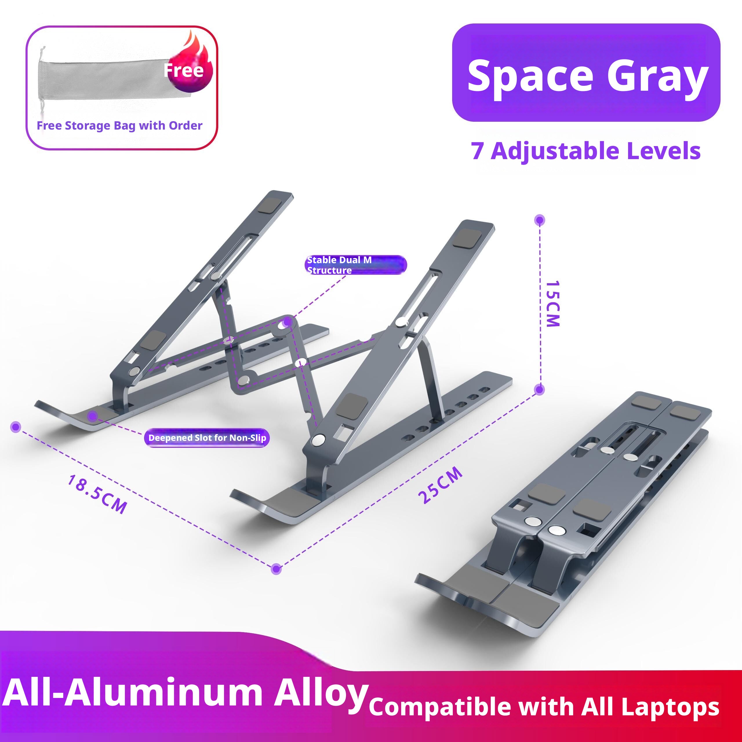 Aluminum Laptop Stand Foldable – 6-Level Height Adjustable Riser with Anti-Slip Silicone, Fits 10–17" Laptops, Compatible with MacBook, Dell, ASUS, HP