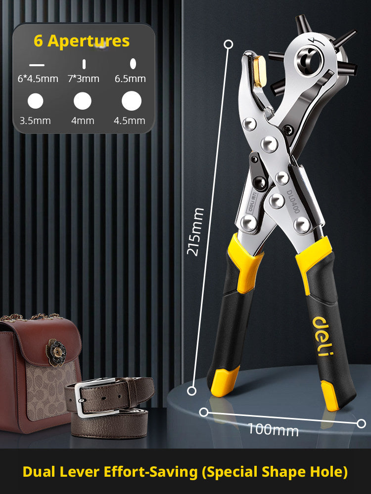 Deli Belt Punch Pliers – Labor‑Saving 6‑Size Rotary Hole Punch for Leather, Belts, Watch Straps