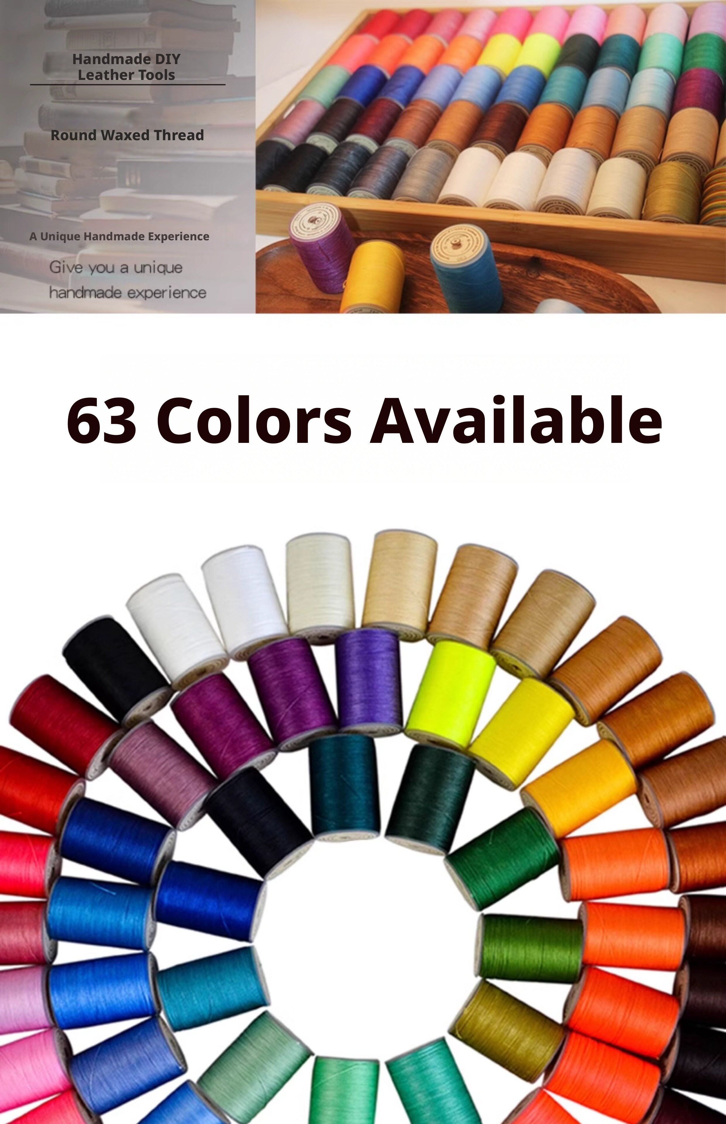 0.55mm Round Waxed Polyester Thread – 63 Colors, 60m Roll for Hand Sewing Leather, Bags, Belts