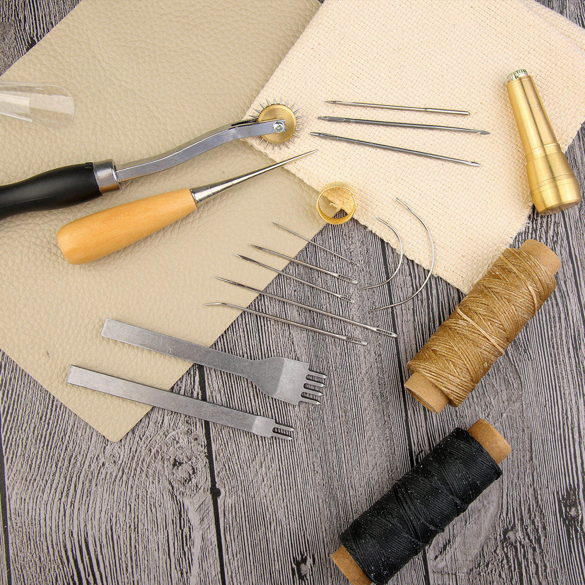Beginner Leathercraft Tool Set – Hand Sewing Kit with Awls, Needles, Thread & Copper Rings (Airplane Box)