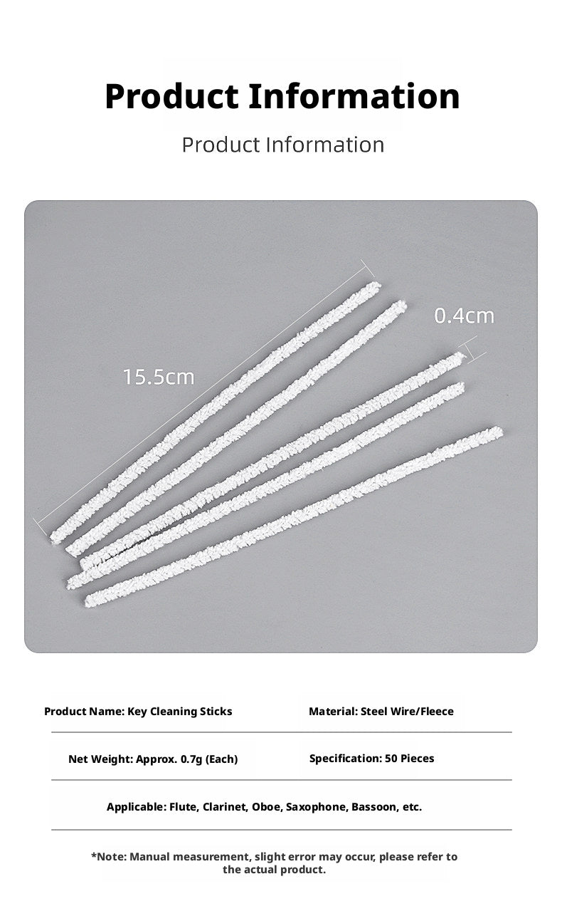 Flexible Woodwind Key Cleaning Sticks – Pack of 50, for Flute, Clarinet, Saxophone, Oboe, Bassoon