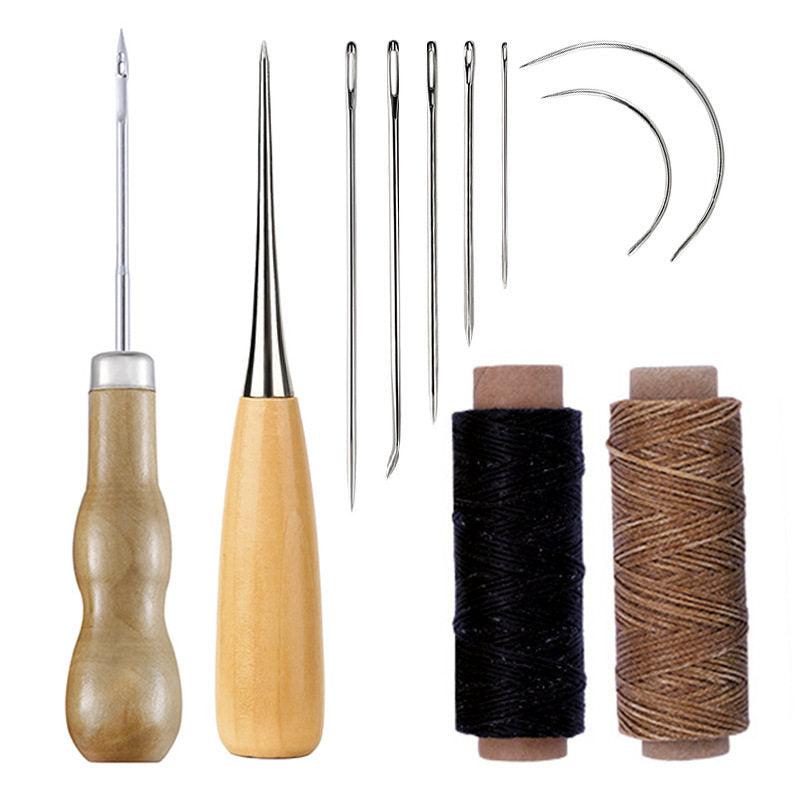 Beginner Leathercraft Tool Set – Hand Sewing Kit with Awls, Needles, Thread & Copper Rings (Airplane Box)