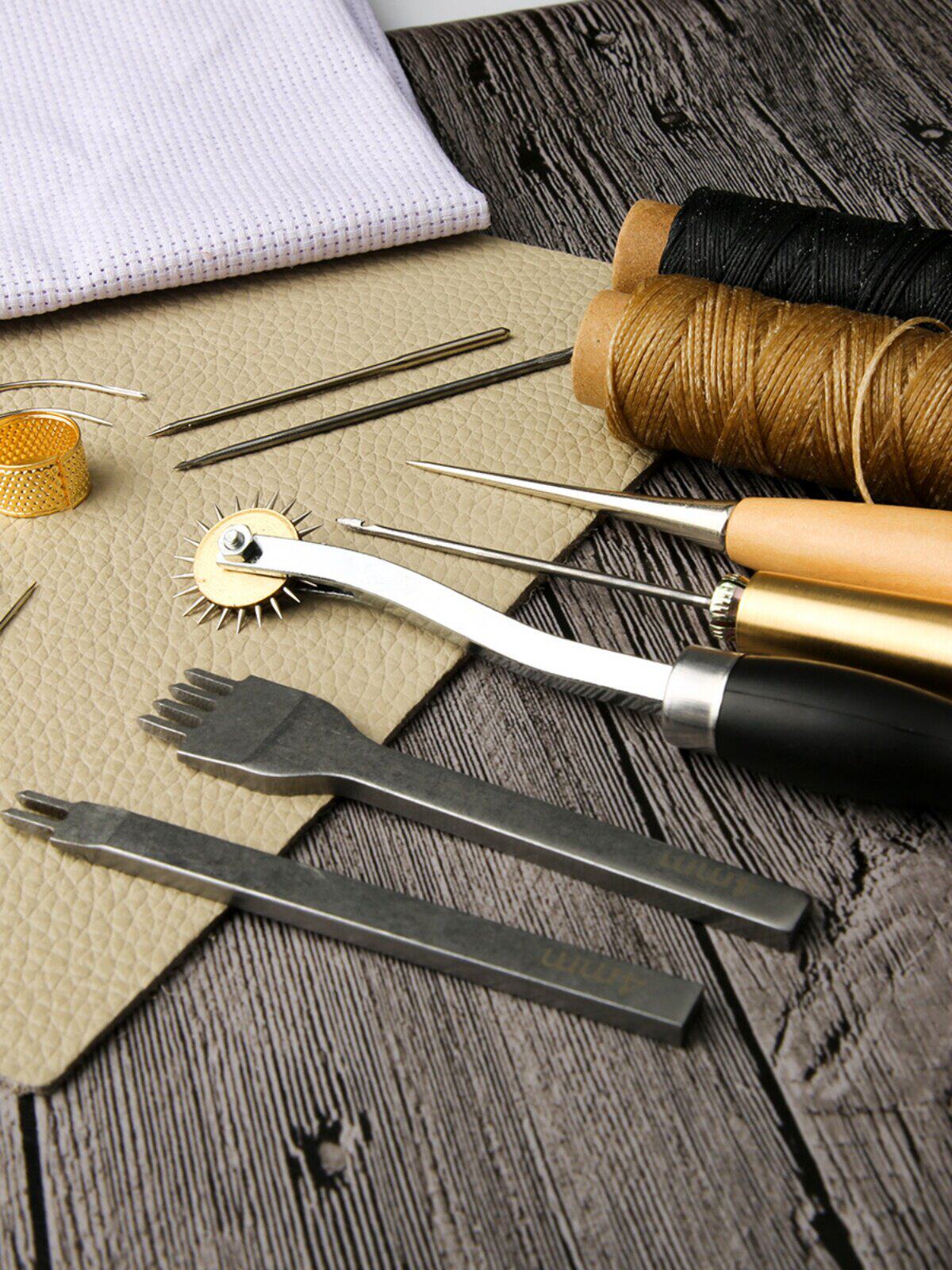 Beginner Leathercraft Tool Set – Hand Sewing Kit with Awls, Needles, Thread & Copper Rings (Airplane Box)