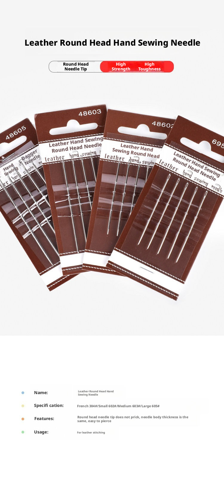Leather Round Head Needle – Hand Sewing Needles for Saddle Stitch (French 304# / 602# / 603# / 605#)