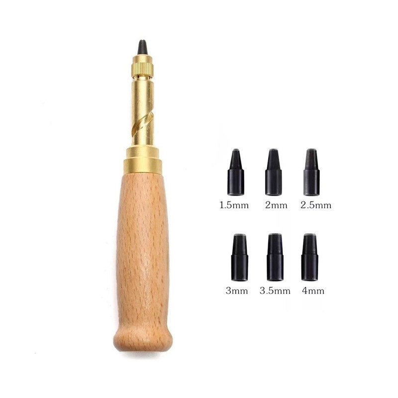 Automatic Belt Punch – Self‑Rotating 6‑Head Leather Hole Punch (1.5‑4.0mm) with Solid Wood Handle