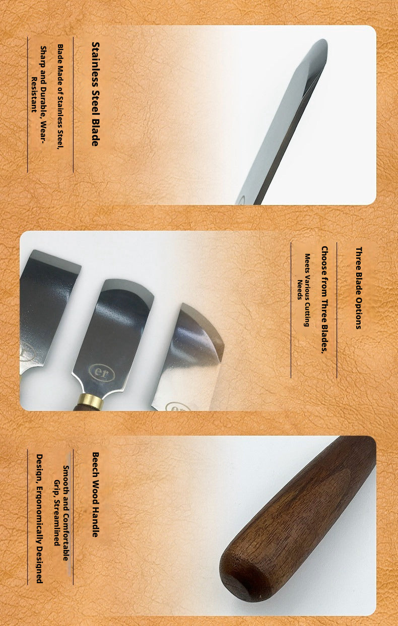 Leather Cutting & Skiving Knife Set – Flat / Bevel / Round Mouth, Beech Wood Handle, Stainless Steel Blade