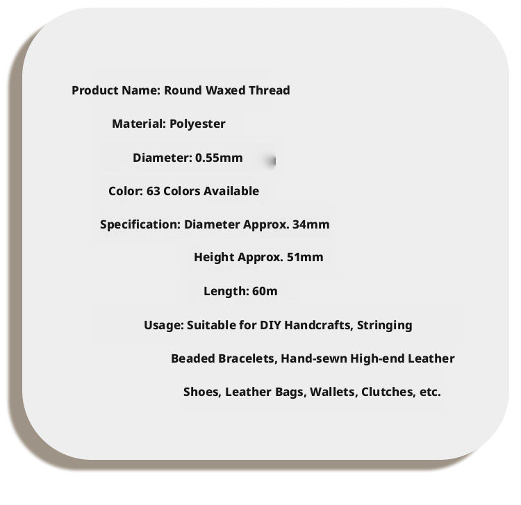 0.55mm Round Waxed Polyester Thread – 63 Colors, 60m Roll for Hand Sewing Leather, Bags, Belts