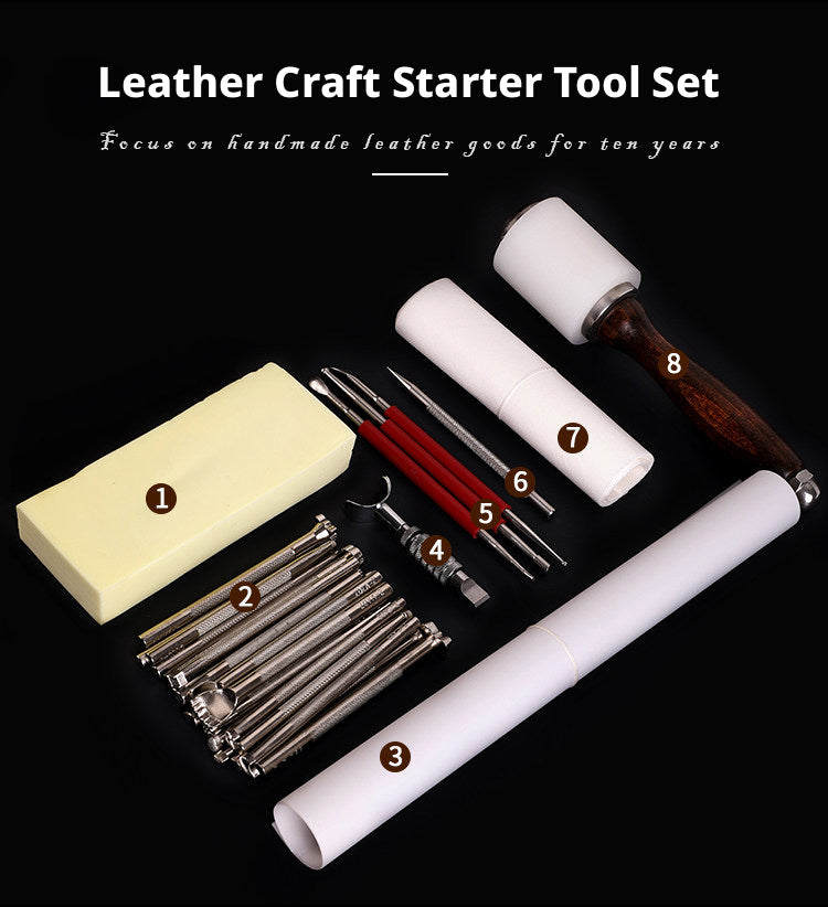 Leather Carving Tool Set – 20 Stamps + Swivel Knife + Hammer + Sponge & Transfer Paper