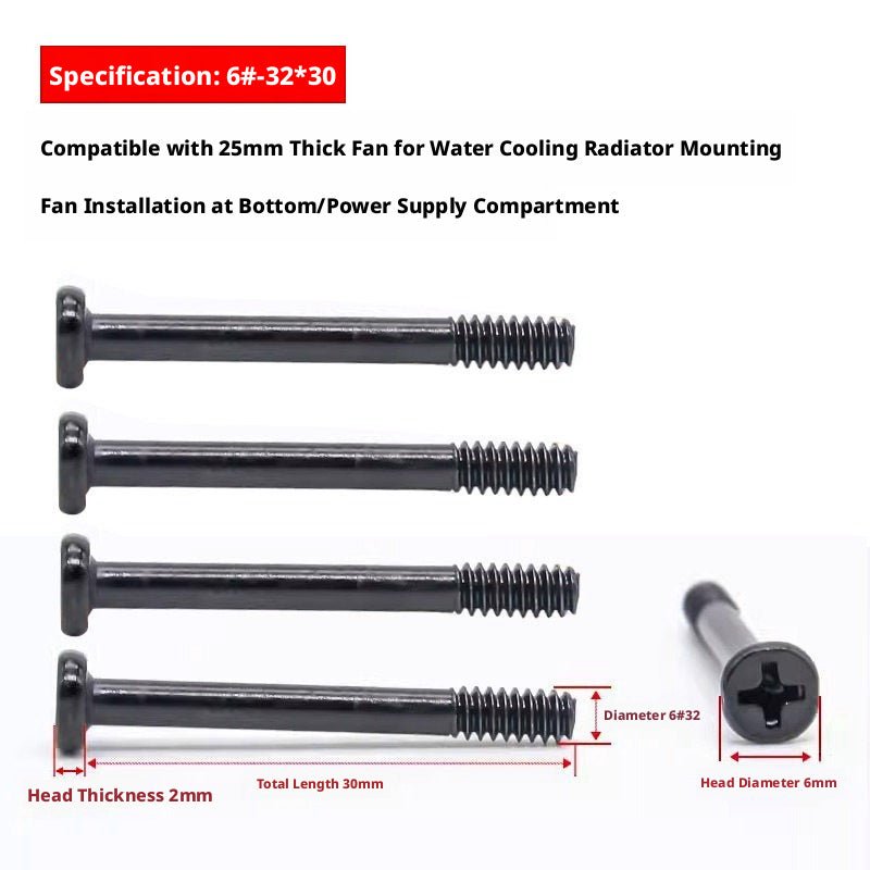PC Case Fan Long Screws 6 - 32 – 30mm Phillips Round Head, Nickel - Plated Carbon Steel for 25mm Fans | Choose Color & Qty - HomeDIYer