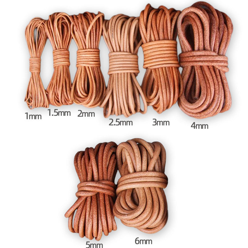 Round Cowhide Rope – 1‑6mm Genuine Leather Cord for Jewelry, Lacing & DIY (Natural / Dark Coffee / Black)
