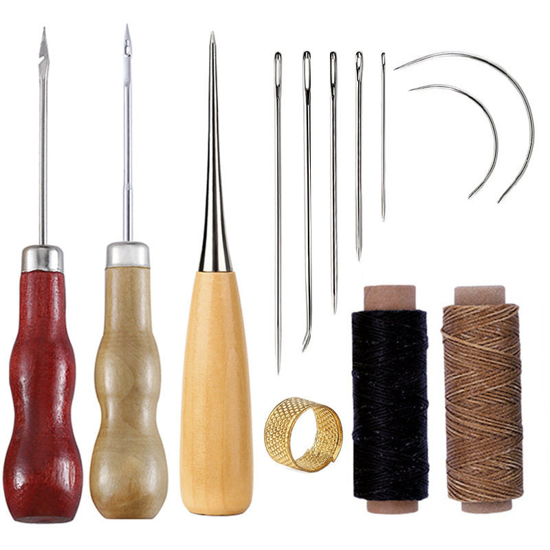 Beginner Leathercraft Tool Set – Hand Sewing Kit with Awls, Needles, Thread & Copper Rings (Airplane Box)