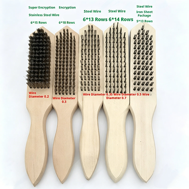 Industrial Wire Brush Set with Wooden Handle - Stainless Steel & Iron Bristles for Rust Removal, Fish Scaling & Surface Grinding