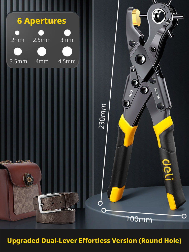 Deli Belt Punch Pliers – Labor‑Saving 6‑Size Rotary Hole Punch for Leather, Belts, Watch Straps