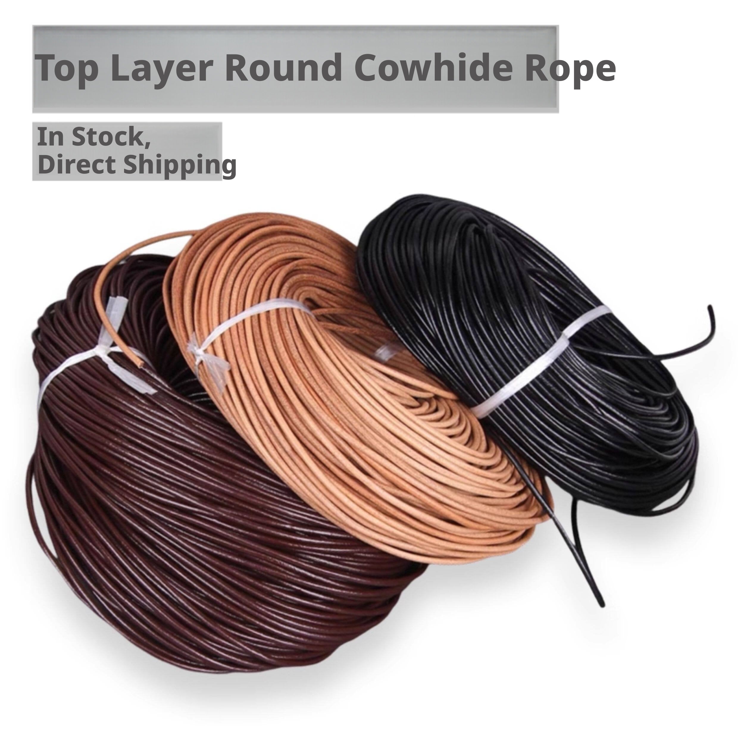 Round Cowhide Rope – 1‑6mm Genuine Leather Cord for Jewelry, Lacing & DIY (Natural / Dark Coffee / Black)
