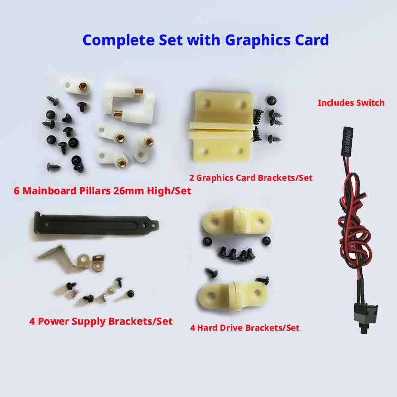 Open Frame PC Test Bench Mounting Kit — Motherboard, PSU, HDD & GPU Brackets with Power Switch Cable