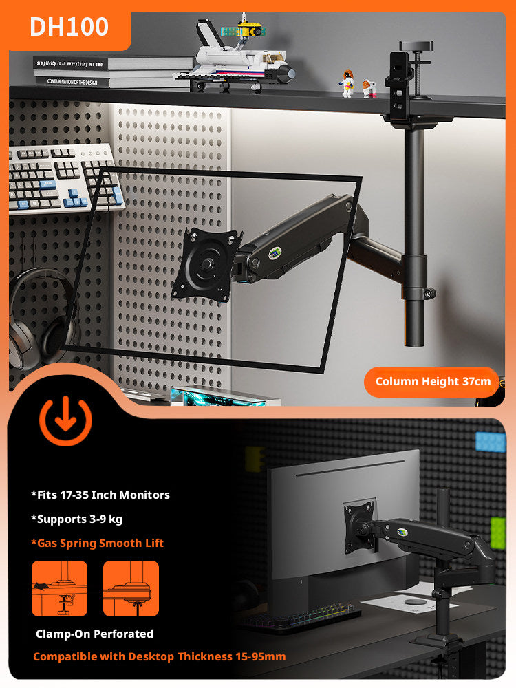 DS110 Monitor Arm – Gas Spring Desk Mount, 17–40 Inch, 3–15 kg, VESA 75×75 & 100×100, Clamp & Grommet
