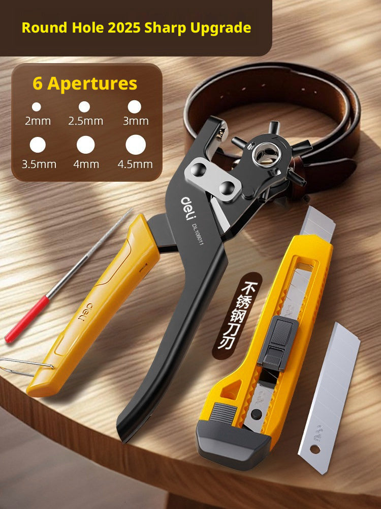 Deli Belt Punch Pliers – Labor‑Saving 6‑Size Rotary Hole Punch for Leather, Belts, Watch Straps