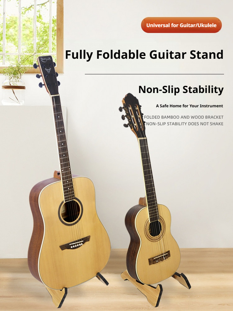 Solid Wood Foldable Guitar Stand – Bamboo A‑Frame for Guitar, Violin, Ukulele (with Footrest & Double Stand Options)
