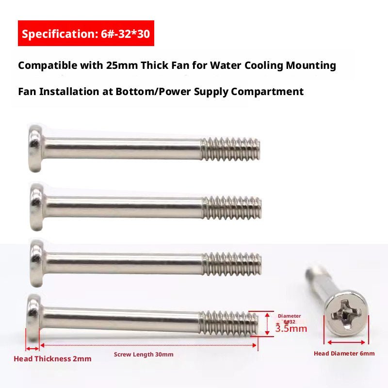 PC Case Fan Long Screws 6 - 32 – 30mm Phillips Round Head, Nickel - Plated Carbon Steel for 25mm Fans | Choose Color & Qty - HomeDIYer