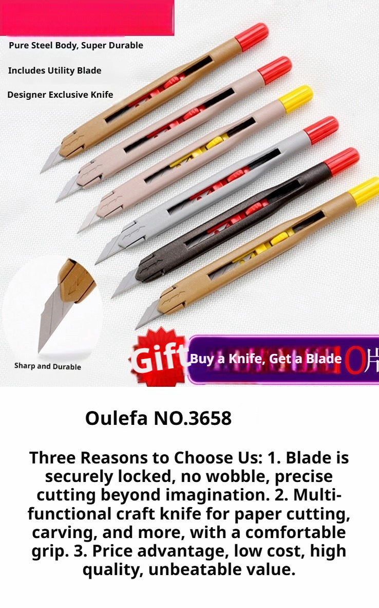Anti‑Wobble Utility Knife for Leather Cutting – Metal Handle + 30°/60° Blades (9mm)