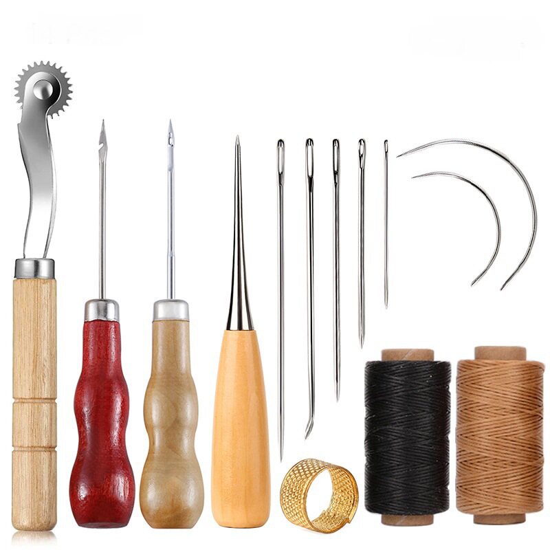 Beginner Leathercraft Tool Set – Hand Sewing Kit with Awls, Needles, Thread & Copper Rings (Airplane Box)