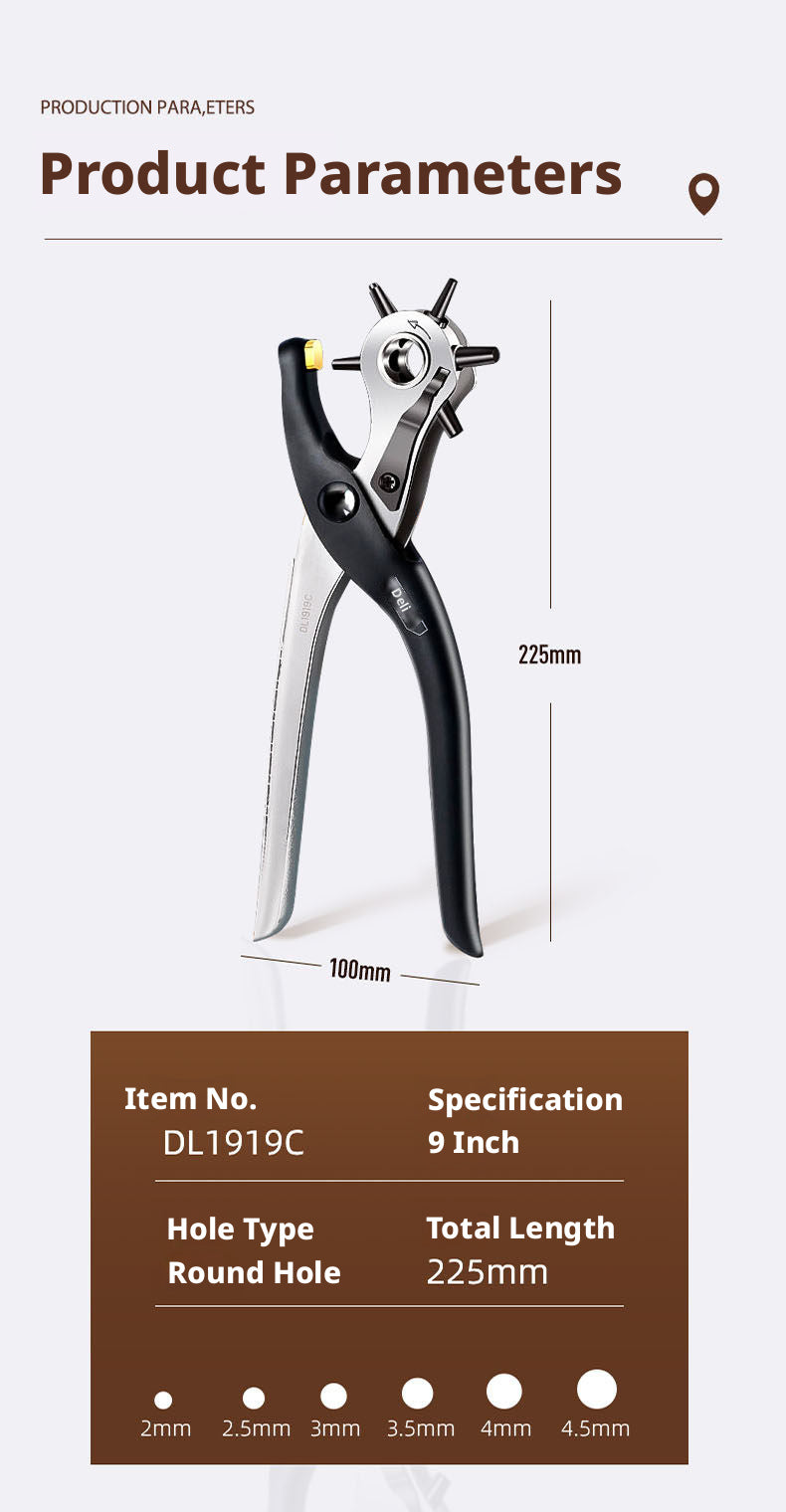 Deli Belt Punch Pliers – Labor‑Saving 6‑Size Rotary Hole Punch for Leather, Belts, Watch Straps