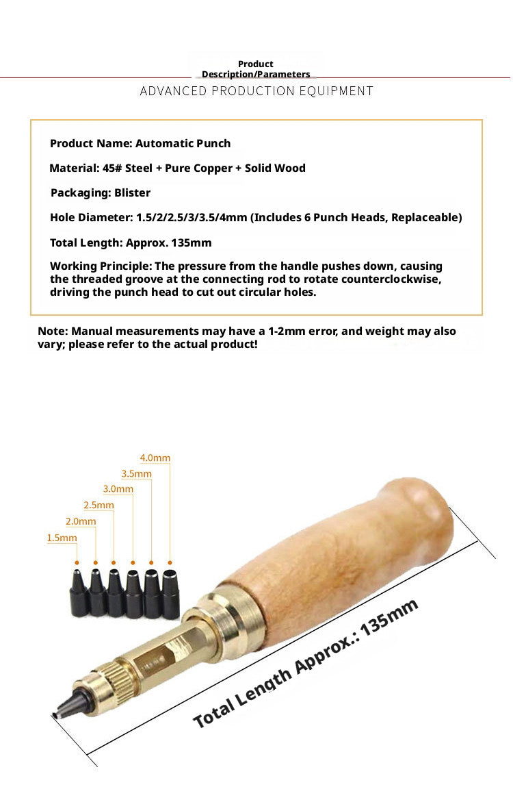 Automatic Belt Punch – Self‑Rotating 6‑Head Leather Hole Punch (1.5‑4.0mm) with Solid Wood Handle