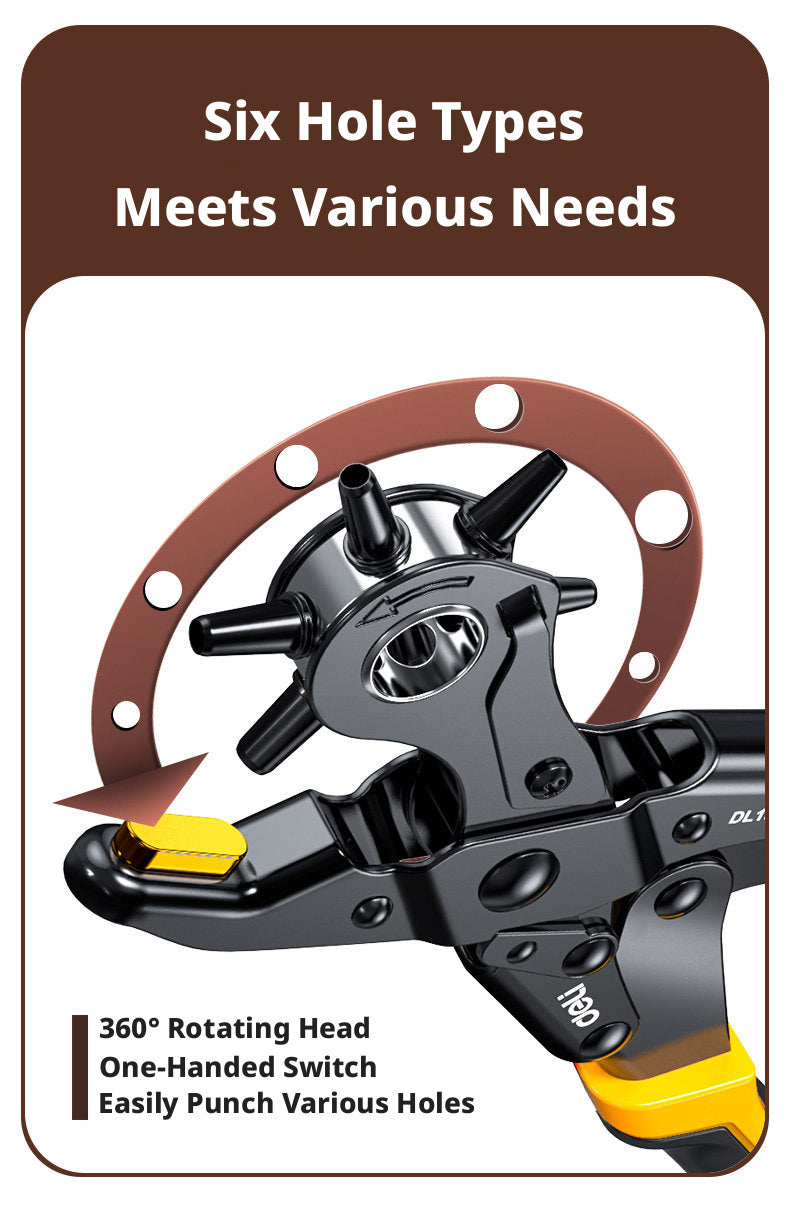 Deli Belt Punch Pliers – Labor‑Saving 6‑Size Rotary Hole Punch for Leather, Belts, Watch Straps