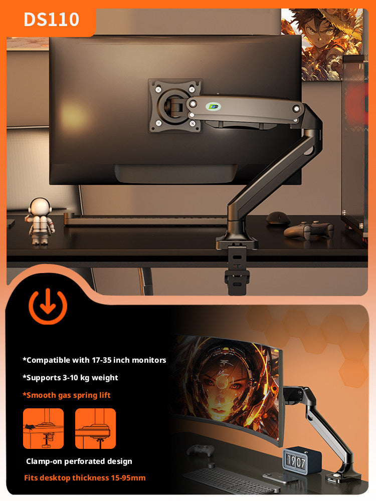 DS110 Monitor Arm – Gas Spring Desk Mount, 17–40 Inch, 3–15 kg, VESA 75×75 & 100×100, Clamp & Grommet