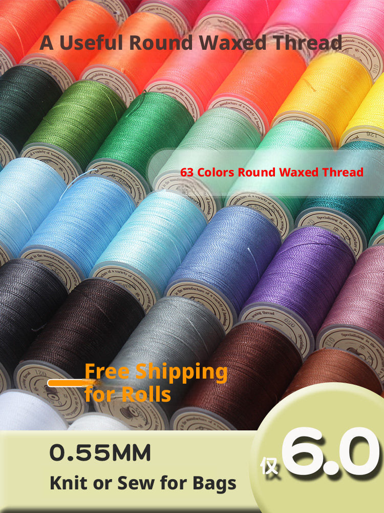 0.55mm Round Waxed Polyester Thread – 63 Colors, 60m Roll for Hand Sewing Leather, Bags, Belts