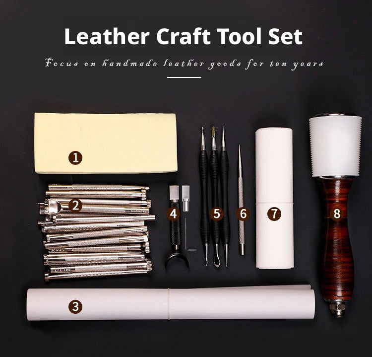 Leather Carving Tool Set – 20 Stamps + Swivel Knife + Hammer + Sponge & Transfer Paper