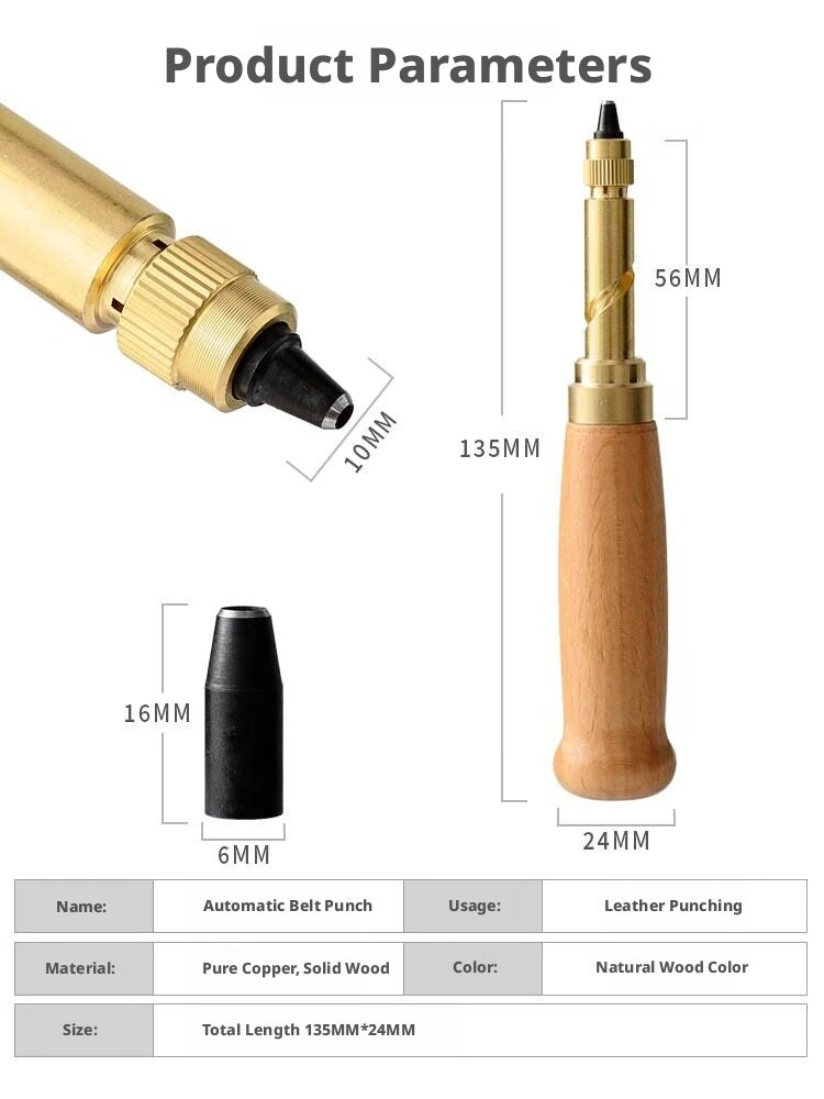 Automatic Belt Punch – Self‑Rotating 6‑Head Leather Hole Punch (1.5‑4.0mm) with Solid Wood Handle