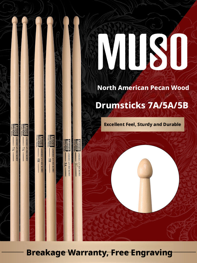 MUSO North American Wood Drumsticks – 7A / 5A / 5B (Hickory/Pecan) with Free Engraving