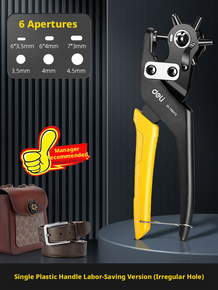 Deli Belt Punch Pliers – Labor‑Saving 6‑Size Rotary Hole Punch for Leather, Belts, Watch Straps