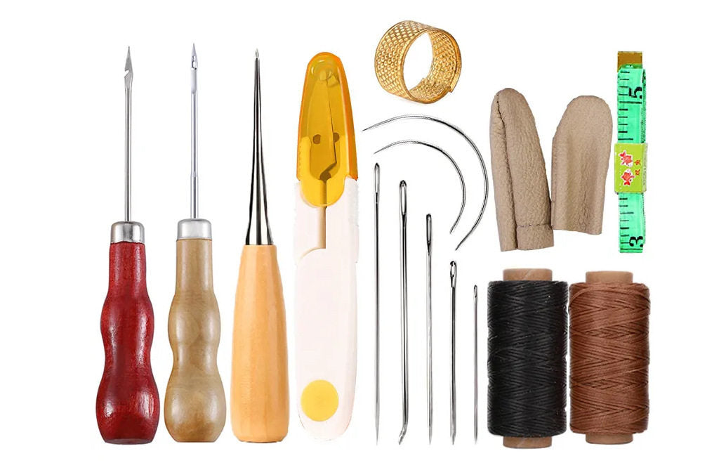 Beginner Leathercraft Tool Set – Hand Sewing Kit with Awls, Needles, Thread & Copper Rings (Airplane Box)