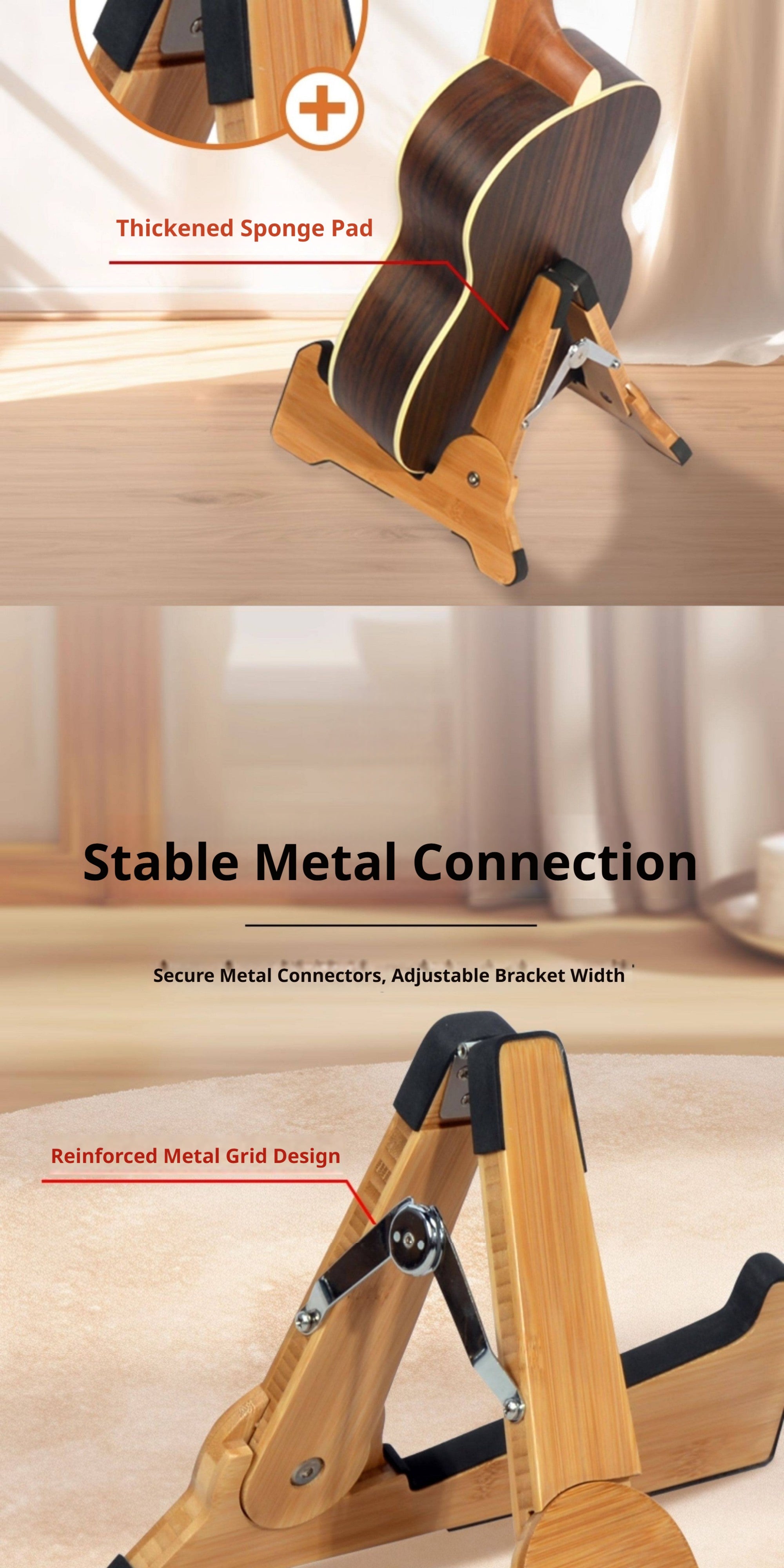 Solid Wood Foldable Guitar Stand – Bamboo A‑Frame for Guitar, Violin, Ukulele (with Footrest & Double Stand Options)