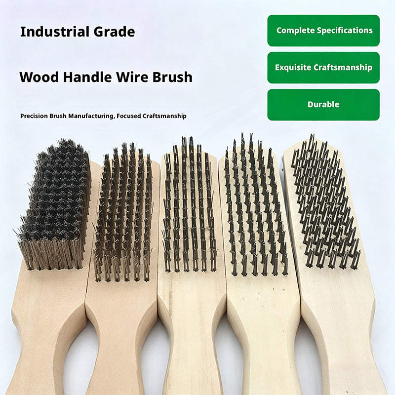 Industrial Wire Brush Set with Wooden Handle - Stainless Steel & Iron Bristles for Rust Removal, Fish Scaling & Surface Grinding