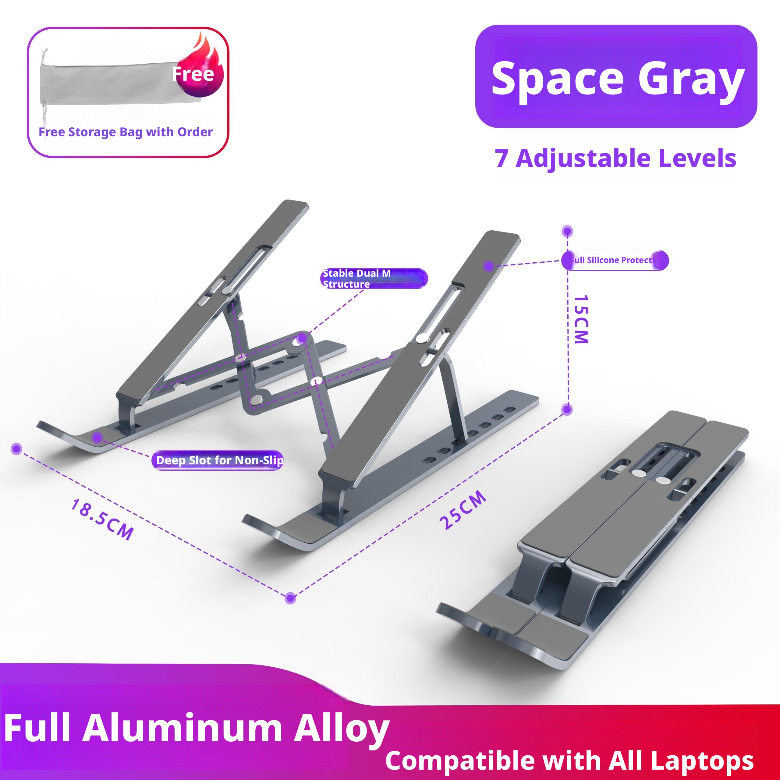 Aluminum Laptop Stand Foldable – 6-Level Height Adjustable Riser with Anti-Slip Silicone, Fits 10–17" Laptops, Compatible with MacBook, Dell, ASUS, HP