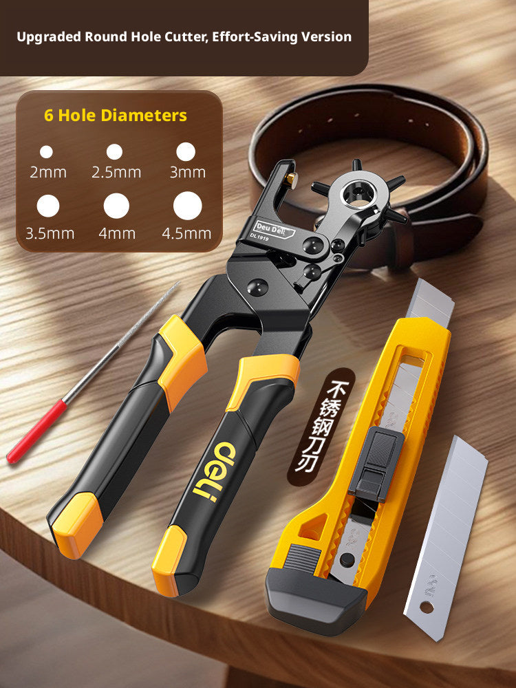 Deli Belt Punch Pliers – Labor‑Saving 6‑Size Rotary Hole Punch for Leather, Belts, Watch Straps