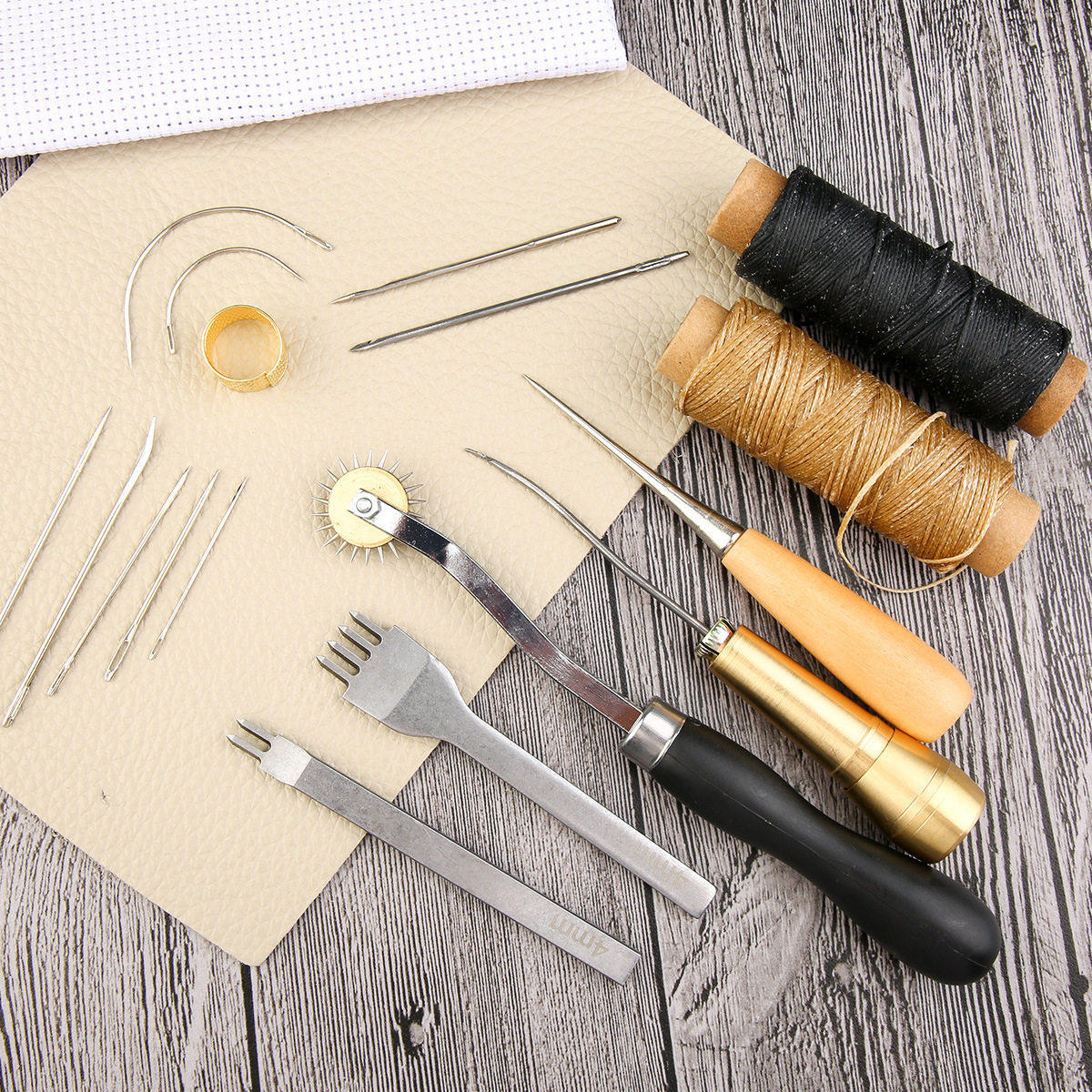 Beginner Leathercraft Tool Set – Hand Sewing Kit with Awls, Needles, Thread & Copper Rings (Airplane Box)