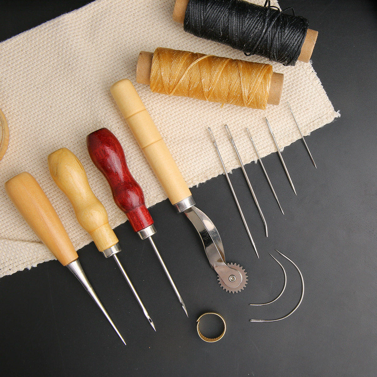 Beginner Leathercraft Tool Set – Hand Sewing Kit with Awls, Needles, Thread & Copper Rings (Airplane Box)