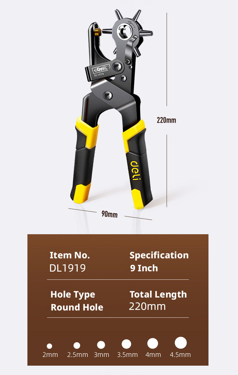 Deli Belt Punch Pliers – Labor‑Saving 6‑Size Rotary Hole Punch for Leather, Belts, Watch Straps