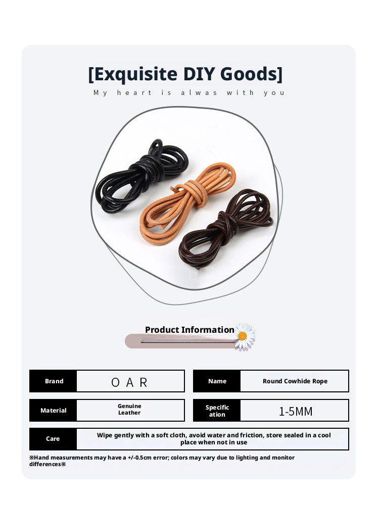 Round Cowhide Rope – 1‑6mm Genuine Leather Cord for Jewelry, Lacing & DIY (Natural / Dark Coffee / Black)