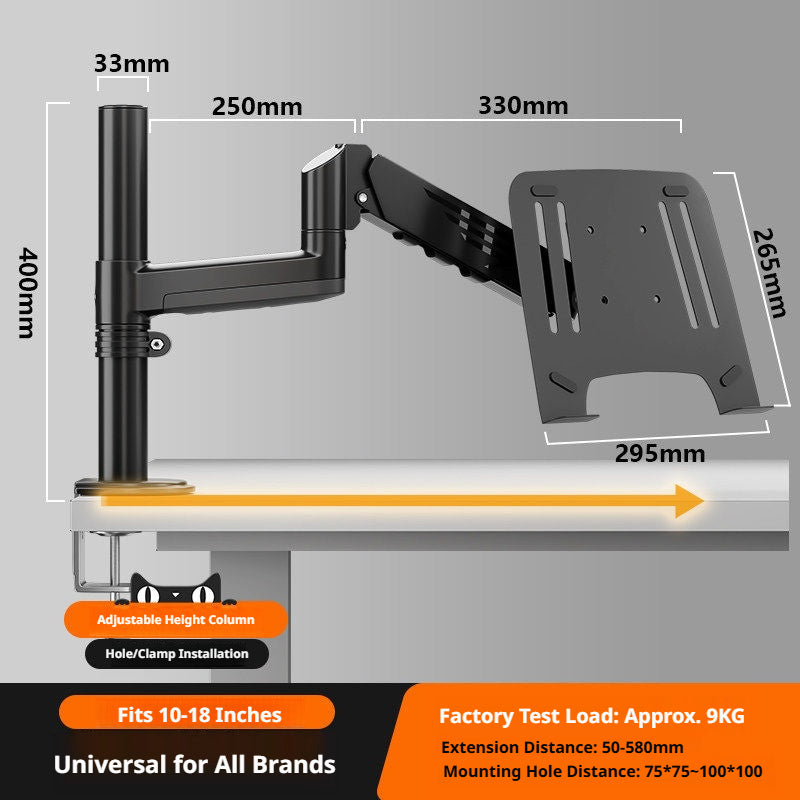 Laptop Desk Mount Arm with Tray – Gas Spring, 10–18 Inch, 3-Axis Adjustable, Clamp & Grommet Base